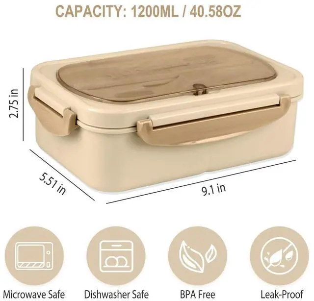 Alt view image 6 of 7 - Bento Box for Adult, 1200 ML Lunch Containers, LeakProof Lunch Box with Utensils, BPA Free, 3 Compartment Bento Box Microwave Safe, Khaki