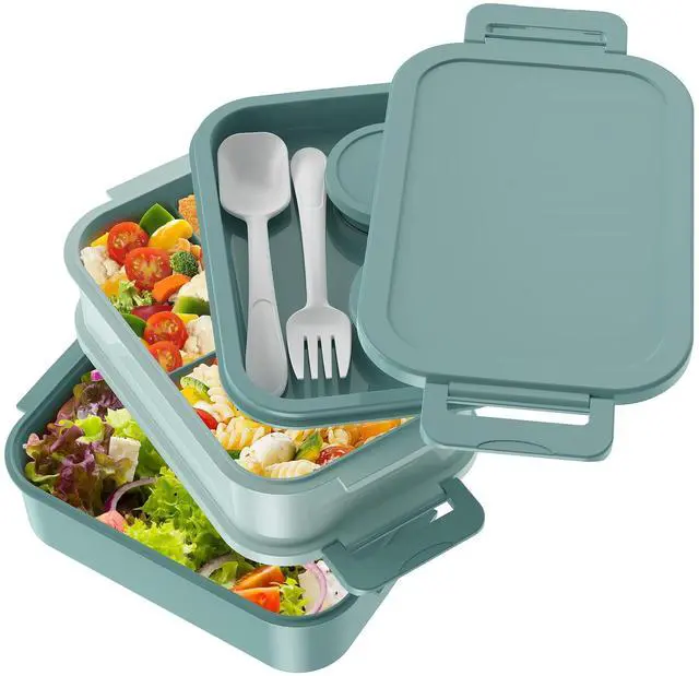 Alt view image 2 of 7 - Bento Box Adult Lunch Box - 72oz Stackable Bento Lunch Box for Adults, 3 Layers All-in-One Large Bento Box Leak-Proof Lunchbox with Utensil Sauce Dressing Containers for Dining Out,Work, Green