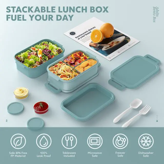 Alt view image 3 of 7 - Bento Box Adult Lunch Box - 72oz Stackable Bento Lunch Box for Adults, 3 Layers All-in-One Large Bento Box Leak-Proof Lunchbox with Utensil Sauce Dressing Containers for Dining Out,Work, Green