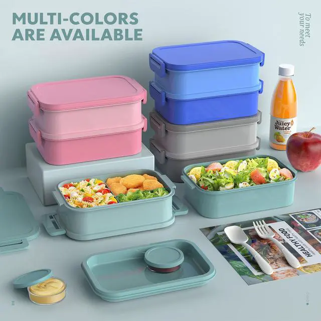 Alt view image 4 of 7 - Bento Box Adult Lunch Box - 72oz Stackable Bento Lunch Box for Adults, 3 Layers All-in-One Large Bento Box Leak-Proof Lunchbox with Utensil Sauce Dressing Containers for Dining Out,Work, Green