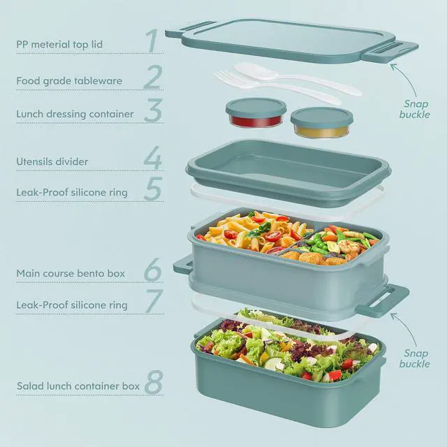 Alt view image 5 of 7 - Bento Box Adult Lunch Box - 72oz Stackable Bento Lunch Box for Adults, 3 Layers All-in-One Large Bento Box Leak-Proof Lunchbox with Utensil Sauce Dressing Containers for Dining Out,Work, Green