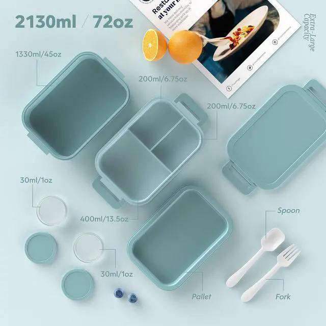 Alt view image 7 of 7 - Bento Box Adult Lunch Box - 72oz Stackable Bento Lunch Box for Adults, 3 Layers All-in-One Large Bento Box Leak-Proof Lunchbox with Utensil Sauce Dressing Containers for Dining Out,Work, Green