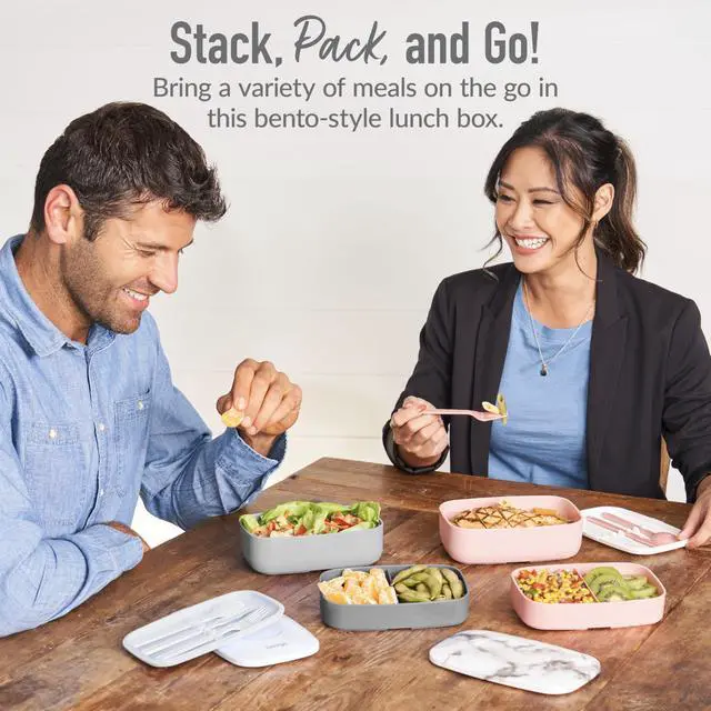 Alt view image 3 of 7 - Classic Stackable 3-Compartment Adult Bento-Style Lunch Box