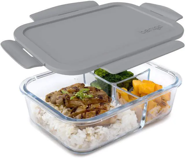 Main image of Glass Lunch Box, Leak-Proof, 3-Compartment, 5-Cup Capacity
