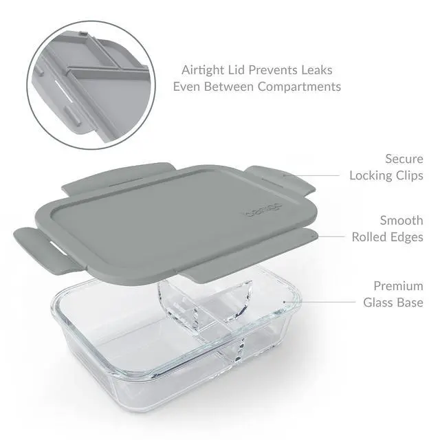 Alt view image 4 of 5 - Glass Lunch Box, Leak-Proof, 3-Compartment, 5-Cup Capacity