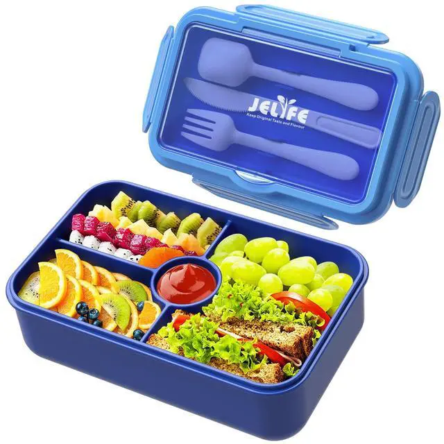Main image of Bento Lunch Box for Kids - Leakproof Large Bento-Style with 4 Compartments Portions Lunchbox with Tableware Back to School, Reusable On-the-Go Meal and Snack Packing, Blue