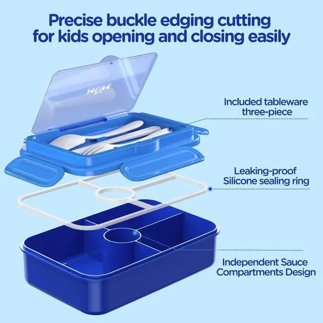 Alt view image 3 of 7 - Bento Lunch Box for Kids - Leakproof Large Bento-Style with 4 Compartments Portions Lunchbox with Tableware Back to School, Reusable On-the-Go Meal and Snack Packing, Blue