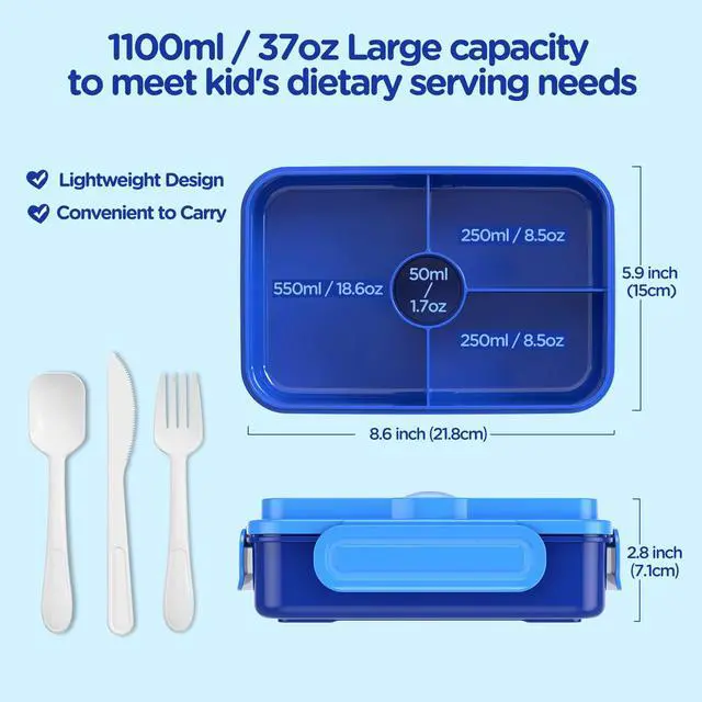 Alt view image 4 of 7 - Bento Lunch Box for Kids - Leakproof Large Bento-Style with 4 Compartments Portions Lunchbox with Tableware Back to School, Reusable On-the-Go Meal and Snack Packing, Blue