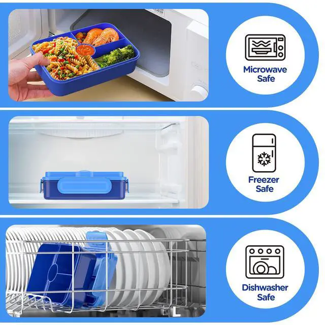 Alt view image 5 of 7 - Bento Lunch Box for Kids - Leakproof Large Bento-Style with 4 Compartments Portions Lunchbox with Tableware Back to School, Reusable On-the-Go Meal and Snack Packing, Blue