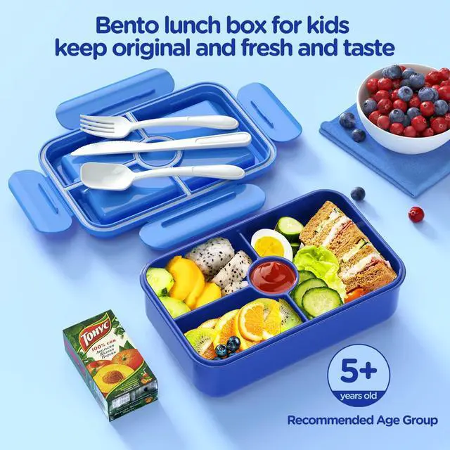 Alt view image 2 of 7 - Bento Lunch Box for Kids - Leakproof Large Bento-Style with 4 Compartments Portions Lunchbox with Tableware Back to School, Reusable On-the-Go Meal and Snack Packing, Blue