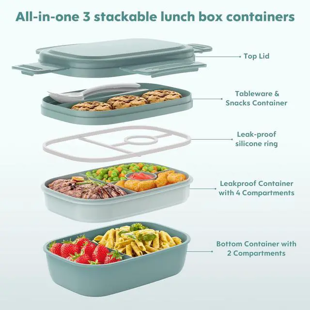 Alt view image 3 of 7 - Adult Lunch Box,3 Stackable Bento Lunch Containers for Adults, Modern Minimalist Design Bento Box with Utensil Set, Leak-Proof Lunchbox for Dining Out, Work, Picnic