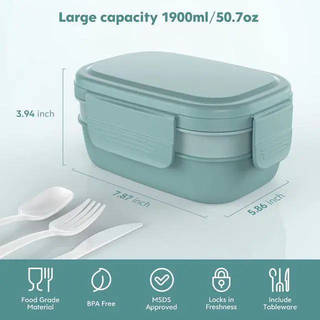 Alt view image 5 of 7 - Adult Lunch Box,3 Stackable Bento Lunch Containers for Adults, Modern Minimalist Design Bento Box with Utensil Set, Leak-Proof Lunchbox for Dining Out, Work, Picnic