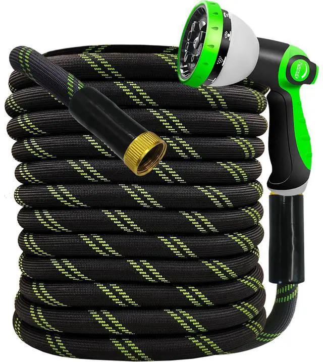 Main image of Garden Hose 25 FT, NON-EXPANDABLE Heavy-Duty Flexible & Lightweight Water Hose with 10-Function Nozzle, No-Kink, Leak-Proof Super Fabric, Solid Fittings for Lawn, Car, Outdoor (Black Green)