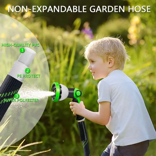 Alt view image 2 of 7 - Garden Hose 25 FT, NON-EXPANDABLE Heavy-Duty Flexible & Lightweight Water Hose with 10-Function Nozzle, No-Kink, Leak-Proof Super Fabric, Solid Fittings for Lawn, Car, Outdoor (Black Green)
