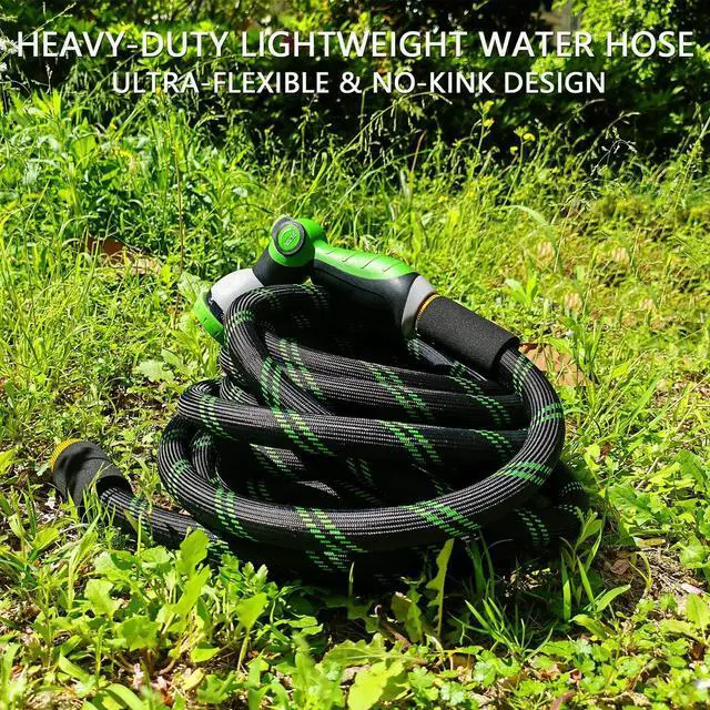 Alt view image 4 of 7 - Garden Hose 25 FT, NON-EXPANDABLE Heavy-Duty Flexible & Lightweight Water Hose with 10-Function Nozzle, No-Kink, Leak-Proof Super Fabric, Solid Fittings for Lawn, Car, Outdoor (Black Green)