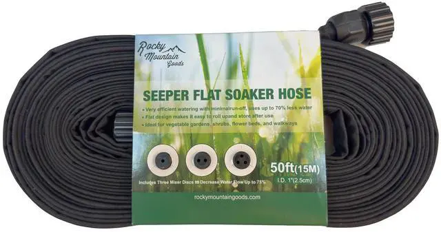 Main image of 50 Foot Flat Weeper Soaker Hose - Drip Irrigation - Double Layer Design - Saves 70% Water - Consistent Drip Entire Length of Hose - Includes 3 Pressure Reducing Discs
