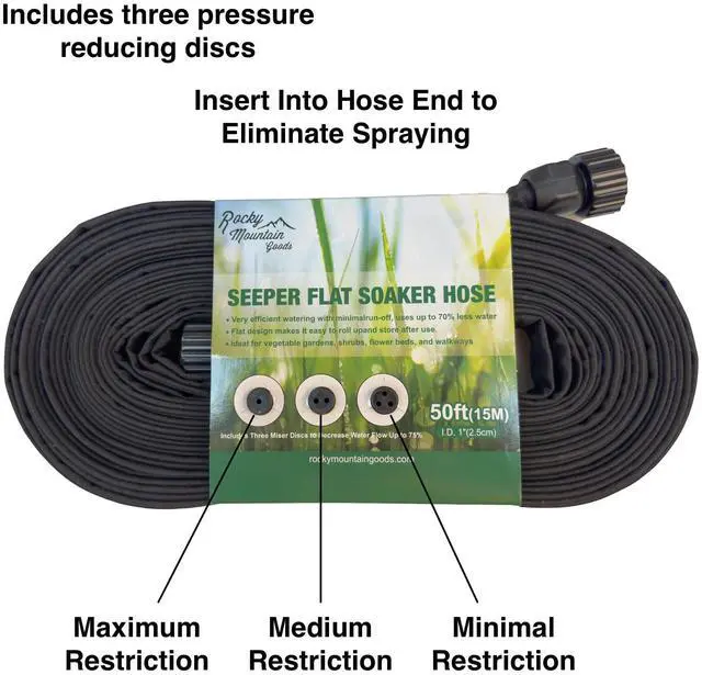 Alt view image 2 of 5 - 50 Foot Flat Weeper Soaker Hose - Drip Irrigation - Double Layer Design - Saves 70% Water - Consistent Drip Entire Length of Hose - Includes 3 Pressure Reducing Discs