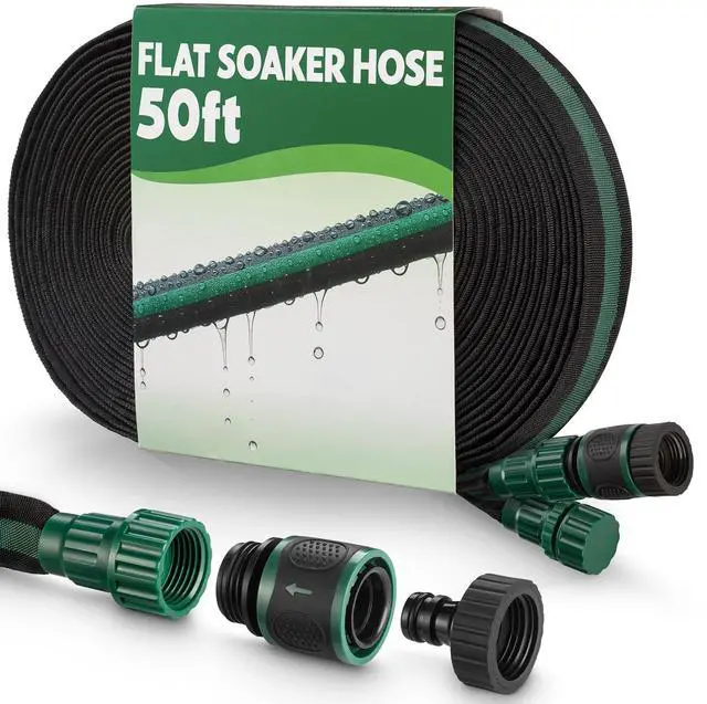 Main image of Flat Soaker Hose 50ft for Garden // Drip Hose for Garden Beds, Lawns and Trees // Heavy Duty Leakproof Design with Quick Connect // Linkable Irrigation System for Vegetables and Flowers