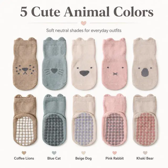 Alt view image 2 of 6 - Toddler Socks with Grips, 5 Pairs Non Slip Baby Crew Socks for Crawling Walking Boys Girls(L/3-5y)