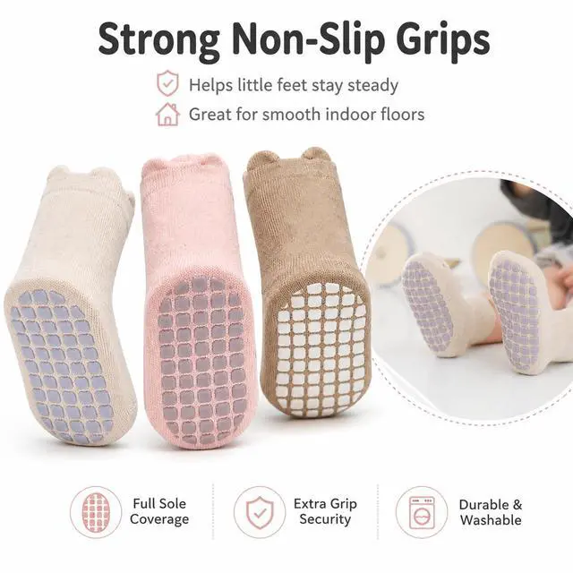 Alt view image 4 of 6 - Toddler Socks with Grips, 5 Pairs Non Slip Baby Crew Socks for Crawling Walking Boys Girls(L/3-5y)