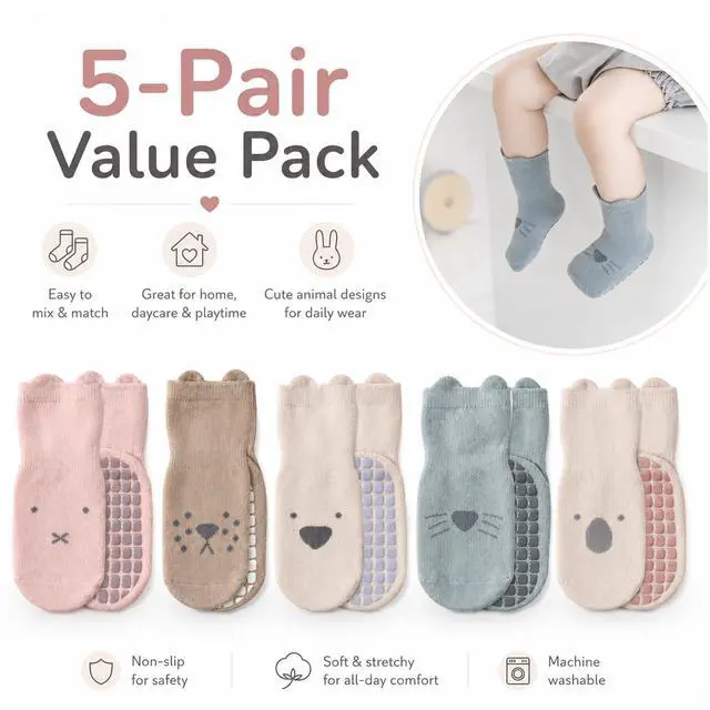Alt view image 6 of 6 - Toddler Socks with Grips, 5 Pairs Non Slip Baby Crew Socks for Crawling Walking Boys Girls(L/3-5y)