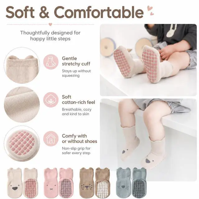 Alt view image 5 of 6 - Toddler Socks with Grips, 5 Pairs Non Slip Baby Crew Socks for Crawling Walking Boys Girls(L/3-5y)