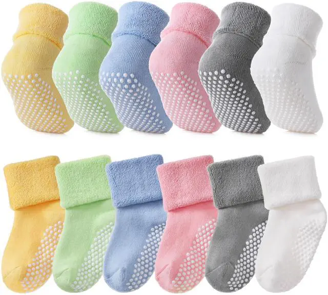 Main image of Baby Boys Girls Grips Socks Infant Toddlers Kids Non Slip Warm Thick Cotton Ankle Crew Socks with Grippers (1-3T, 6 Pairs Colorful)