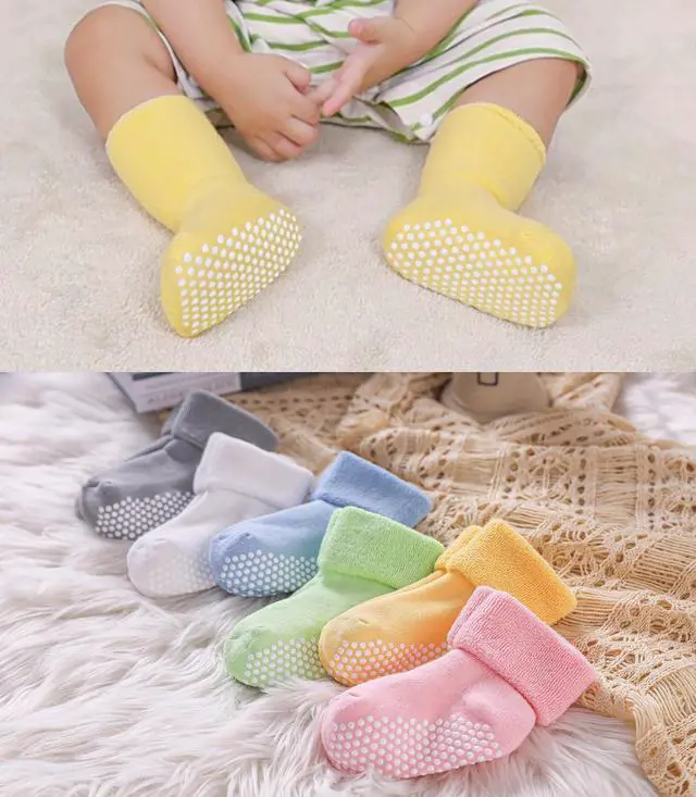 Alt view image 2 of 6 - Baby Boys Girls Grips Socks Infant Toddlers Kids Non Slip Warm Thick Cotton Ankle Crew Socks with Grippers (1-3T, 6 Pairs Colorful)