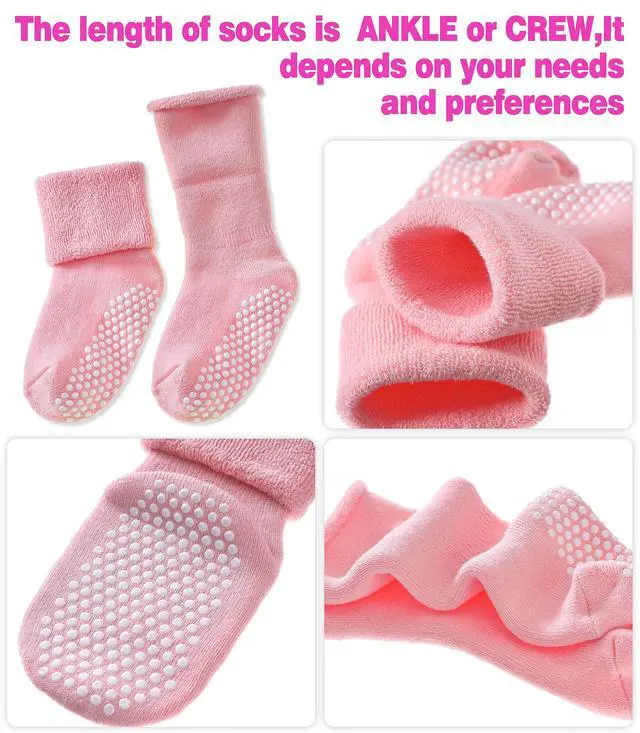 Alt view image 5 of 6 - Baby Boys Girls Grips Socks Infant Toddlers Kids Non Slip Warm Thick Cotton Ankle Crew Socks with Grippers (1-3T, 6 Pairs Colorful)
