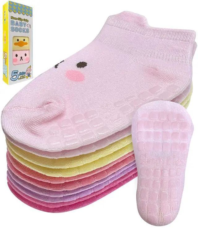 Main image of (5 Pairs) Toddler Socks with Grippers - Non Slip Baby Socks 6-12 12-24 Months 2t-3t 4t-5t Anti Slip Ankle Grip Cotton Boy Girl Infant Kid Child 3 Year Old White Grippy Calcetines Antideslizantes Bebe