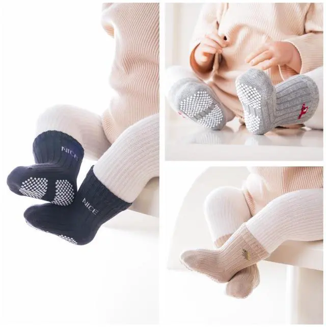 Alt view image 2 of 6 - Baby Crew Socks,Grips Combed Cotton Socks Toddler Non-Skid for Girls,Boys Non Slip/Anti Skid 9-Pack (3-5T, Boys - 9 Pairs)