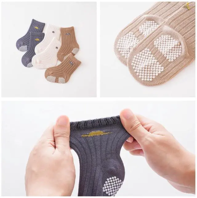 Alt view image 3 of 6 - Baby Crew Socks,Grips Combed Cotton Socks Toddler Non-Skid for Girls,Boys Non Slip/Anti Skid 9-Pack (3-5T, Boys - 9 Pairs)