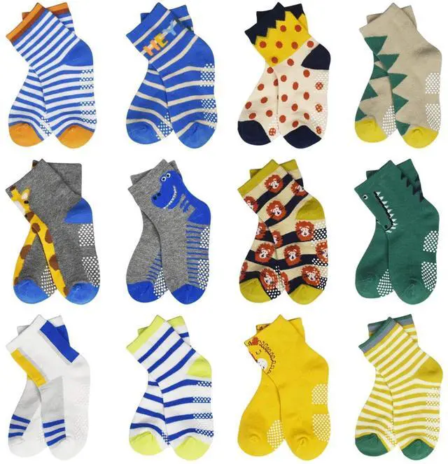Main image of Anti Slip Toddler Socks, 12 Pairs Non-Skid Cotton Grip Kid Socks for 3-5T Kids Boy Girl