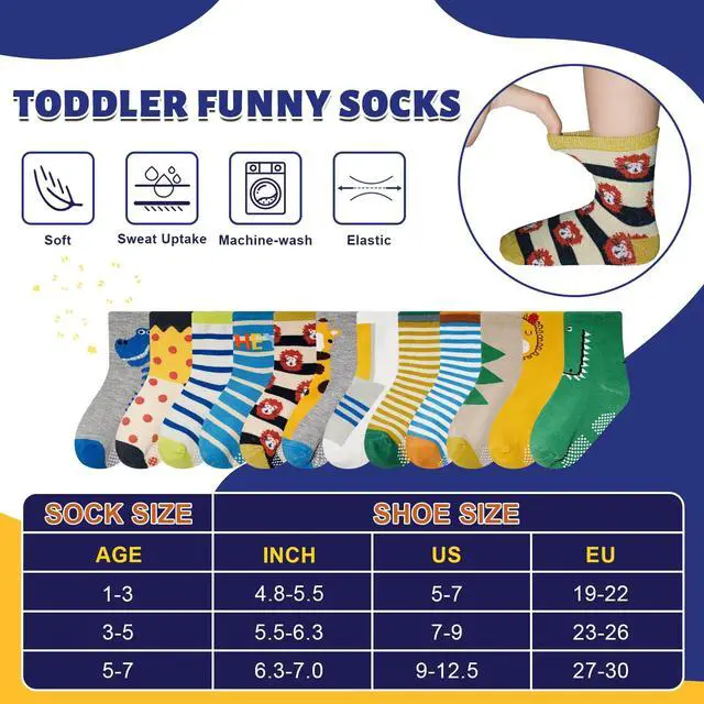 Alt view image 7 of 7 - Anti Slip Toddler Socks, 12 Pairs Non-Skid Cotton Grip Kid Socks for 3-5T Kids Boy Girl