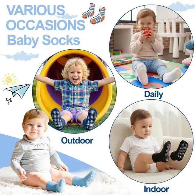 Alt view image 7 of 7 - Baby Socks Non Slip 12 Pairs Toddler Anti Skid Socks for 0-7 Years Infants Little Kids Boys Girls (#1 Multicolor-12 Pairs, 3-5T)