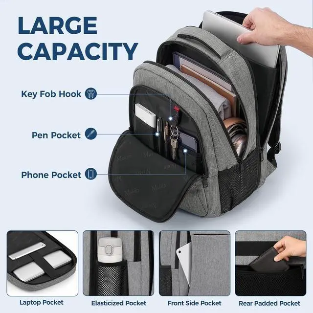 Alt view image 5 of 7 - Travel Laptop Backpack, 15.6 Inch College School Computer Bag, Grey
