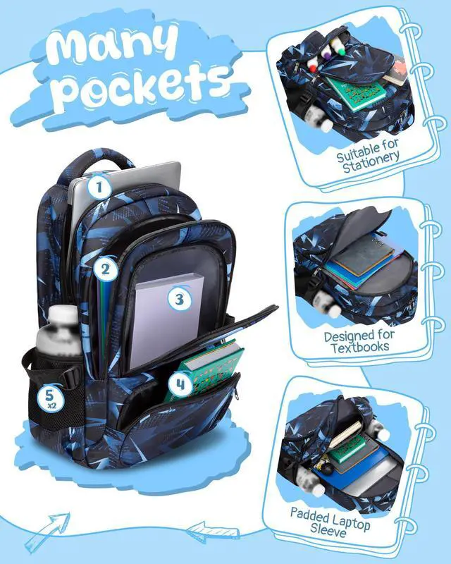 Alt view image 2 of 6 - Kids School Backpack for Boys Girls Ages 6-8 8-10 10-12 Elementary Middle School Book Bags with Laptop Compartment Mochilas Escolares para Niños Niñas de 8 10 12 Años (Blue, Geometric)