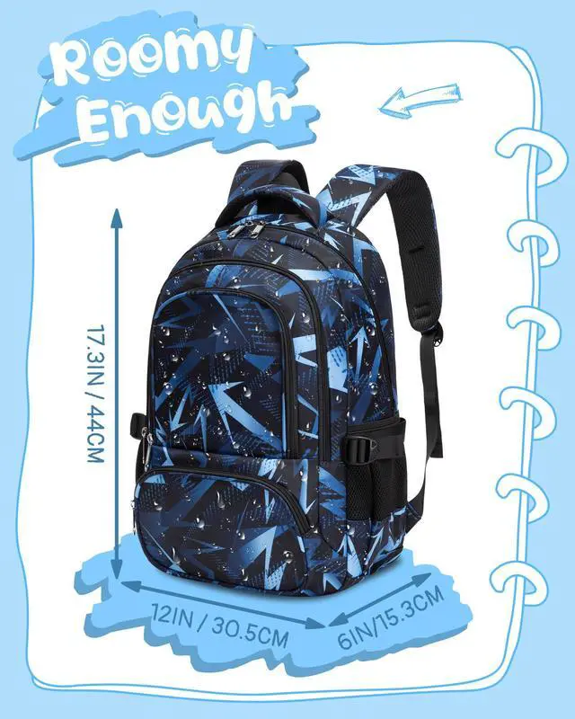 Alt view image 3 of 6 - Kids School Backpack for Boys Girls Ages 6-8 8-10 10-12 Elementary Middle School Book Bags with Laptop Compartment Mochilas Escolares para Niños Niñas de 8 10 12 Años (Blue, Geometric)