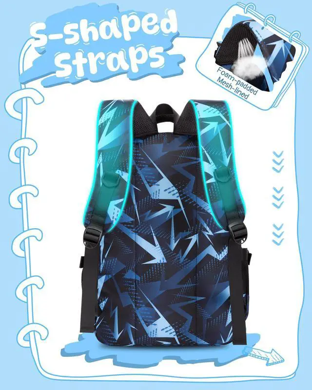 Alt view image 4 of 6 - Kids School Backpack for Boys Girls Ages 6-8 8-10 10-12 Elementary Middle School Book Bags with Laptop Compartment Mochilas Escolares para Niños Niñas de 8 10 12 Años (Blue, Geometric)