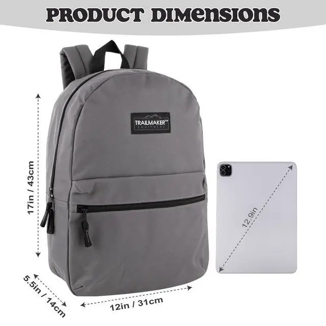 Alt view image 4 of 7 - Classic 17 inch Backpacks with Adjustable Padded Straps | School Backpacks for Girls, Boys (Grey)