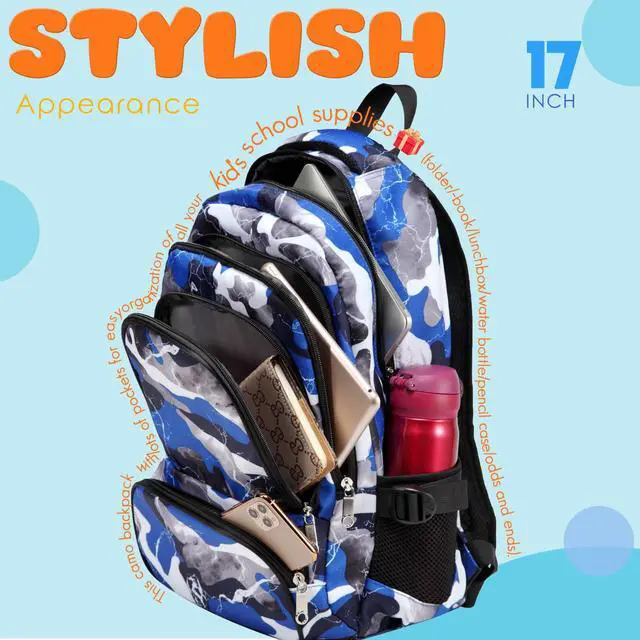 Alt view image 5 of 7 - Kids Backpack for Boys Elementary Book Bags Primary Middle School Bookbags for Childs Water Resistant Back to School Gifts Son Mochila Escolares para Niños Aged 8-10 17 Inch Camo Blue
