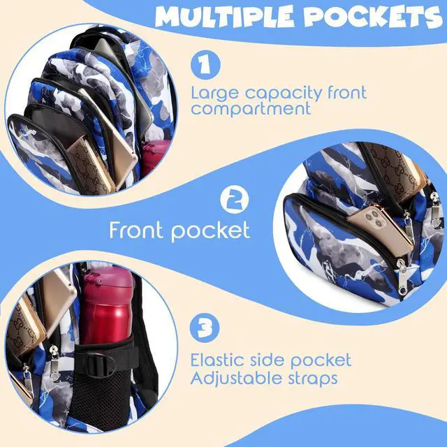 Alt view image 6 of 7 - Kids Backpack for Boys Elementary Book Bags Primary Middle School Bookbags for Childs Water Resistant Back to School Gifts Son Mochila Escolares para Niños Aged 8-10 17 Inch Camo Blue