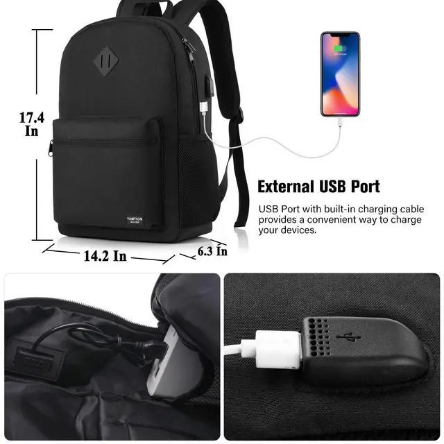 Alt view image 7 of 7 - Black Backpack for Women Men,Casual School Backpack Teen Boys and Girls 15.6 Inch Laptop Bookbag with USB Charger for College High School Travel Business