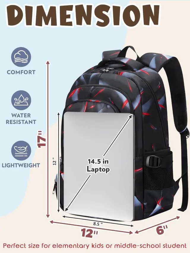 Alt view image 2 of 7 - Kids Backpack for Boys Elementary Primary School Bags for Childs Black Bagpack Book Bag Back to School Gifts for Son Mochilas Escolares para Niños 17" Large Compartment Black/Red