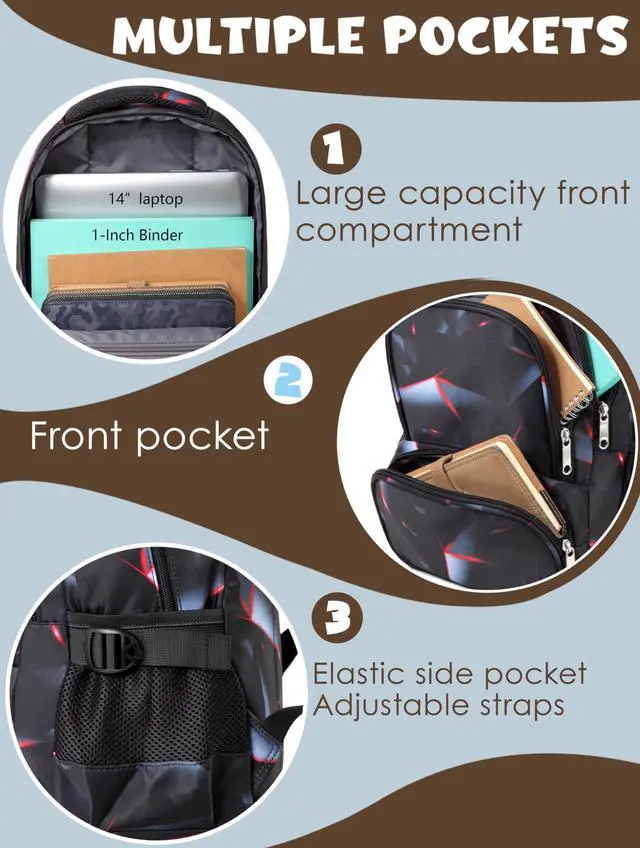 Alt view image 4 of 7 - Kids Backpack for Boys Elementary Primary School Bags for Childs Black Bagpack Book Bag Back to School Gifts for Son Mochilas Escolares para Niños 17" Large Compartment Black/Red