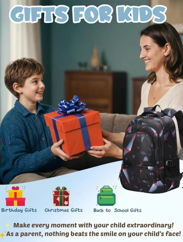 Alt view image 5 of 7 - Kids Backpack for Boys Elementary Primary School Bags for Childs Black Bagpack Book Bag Back to School Gifts for Son Mochilas Escolares para Niños 17" Large Compartment Black/Red