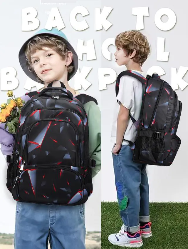 Alt view image 6 of 7 - Kids Backpack for Boys Elementary Primary School Bags for Childs Black Bagpack Book Bag Back to School Gifts for Son Mochilas Escolares para Niños 17" Large Compartment Black/Red