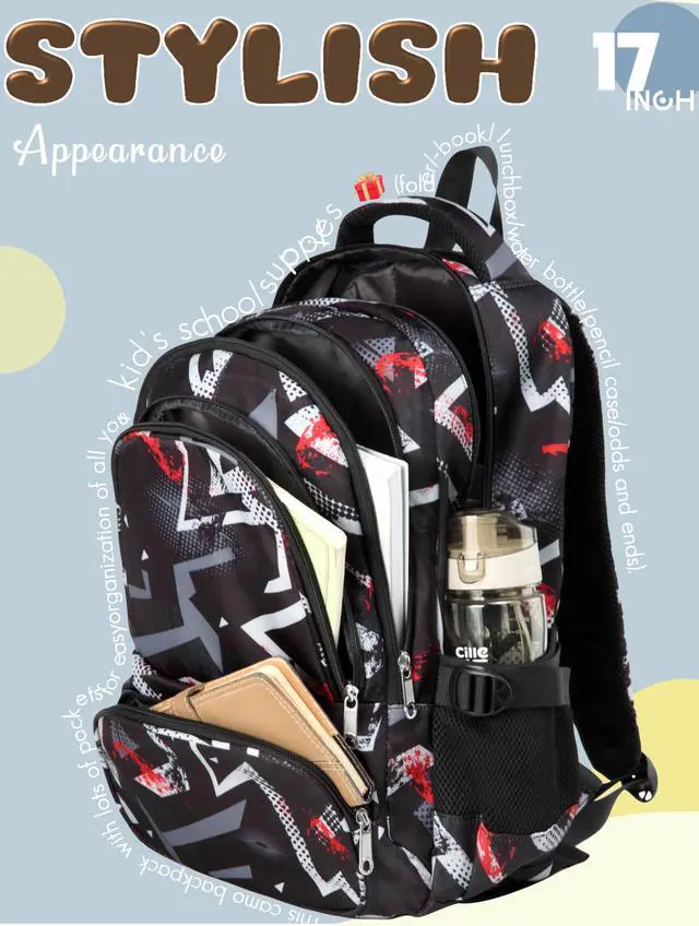 Alt view image 6 of 7 - Kids Backpacks for Boys Girls 17 Inch Elementary Primary Middle School Bookbags with Laptop Compartment Back to School Bags for Childs Age 6-8 Mochilas Escolares para Niños Niñas Dark Black