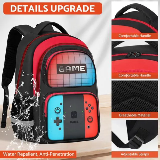 Alt view image 2 of 7 - School Backpack for Boys - HFHTDC Gamer Boys Backpack for Kids Children Teens Elementary Middle School - Students Bookbag Ages 6-18,17 Video Game Bookbag Travel Back Pack