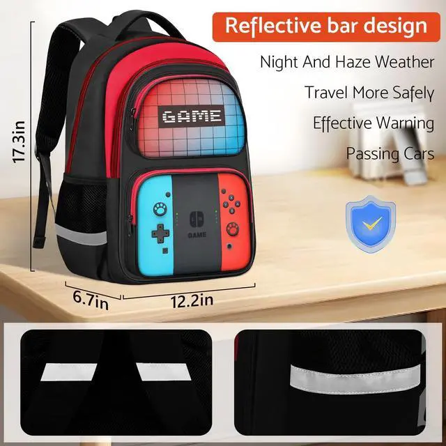 Alt view image 3 of 7 - School Backpack for Boys - HFHTDC Gamer Boys Backpack for Kids Children Teens Elementary Middle School - Students Bookbag Ages 6-18,17 Video Game Bookbag Travel Back Pack